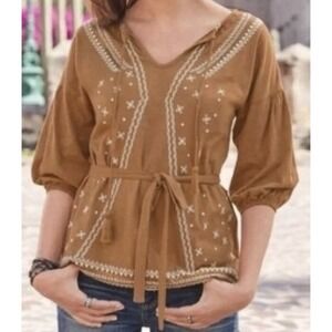 Sundance Embroidered Boho Peasant Tassel Tie Cottagecore Festival Blouse Lg